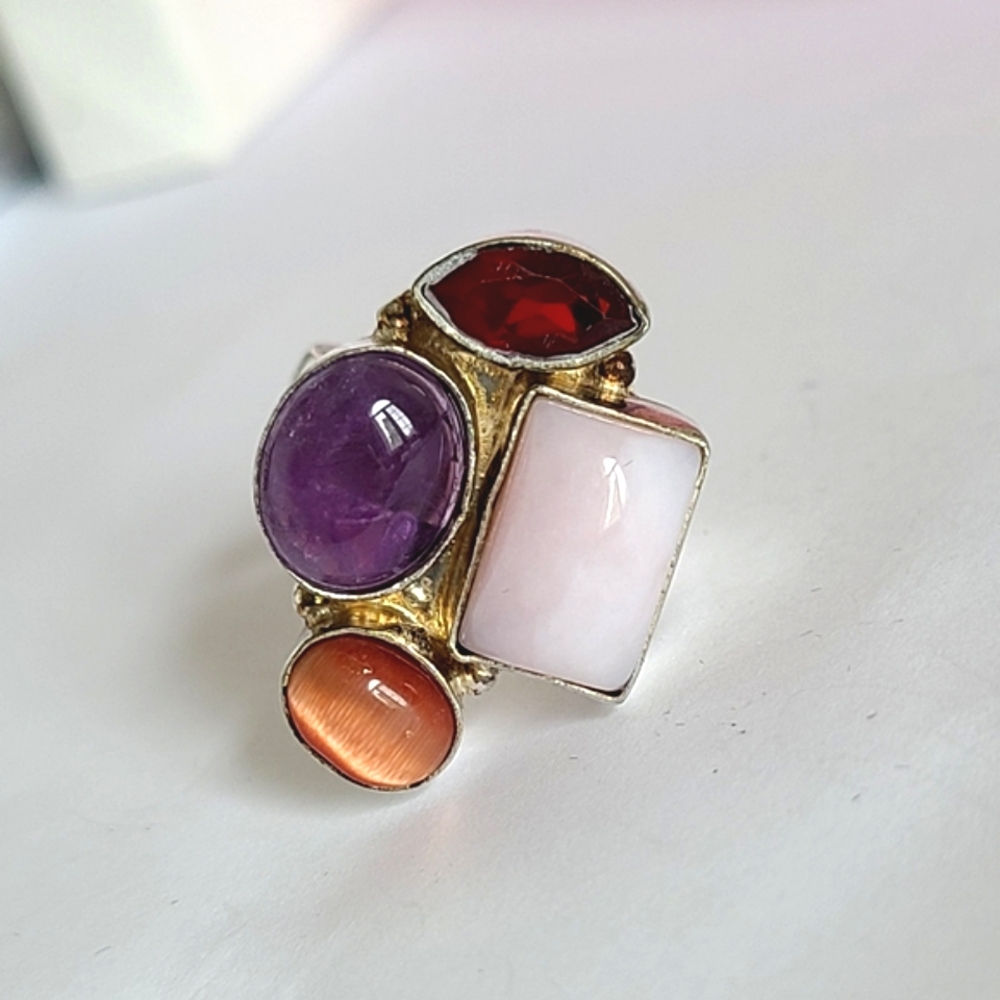 Vintage Boho Chunky Purple Amethyst Pink Quartz Garnet Gem Sterling Silver Ring